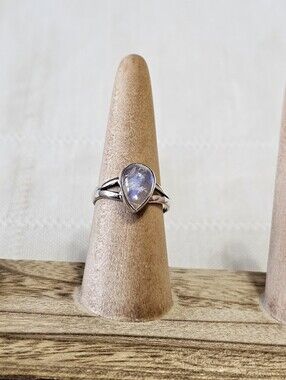 Sterling Silver .925 Teardrop Rainbow Moonstone Ring